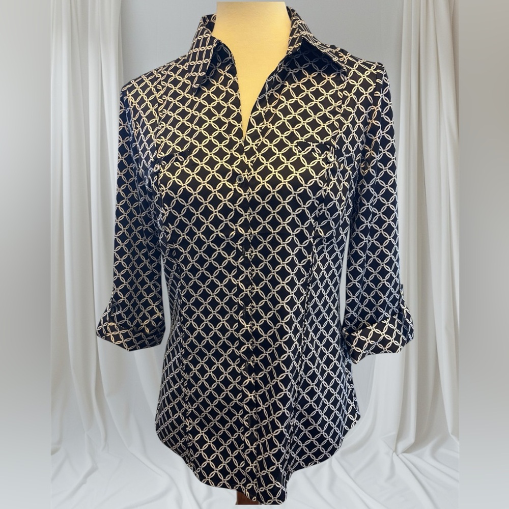 White House Black Market Blouse, Size 8, Black and White Geometric Print